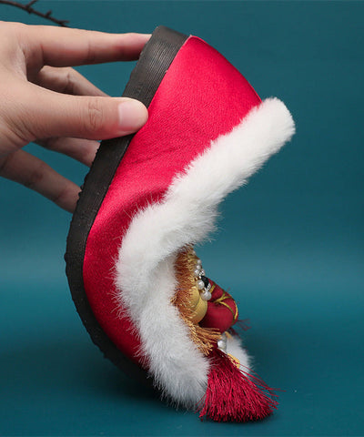 Zapatos planos vintage con borlas y cuentas de clavos forrados de lana afelpada roja  Zapatos planos vintage con borlas y cuentas de clavos forrados de lana afelpada roja