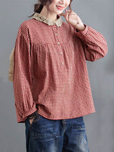 Plaid Ramie Cotton Plus Szie Long Sleeve Shirts