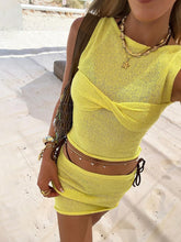 Tossy Damen Sexy Strick-O-Ausschnitt 2-teiliges Rock-Sets Sommerschleife Cover Up Lady Ärmelloses Tanktop Sexy Strandpartykleid Outfits