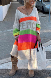 Meridress Midi-Pulloverkleid mit V-Ausschnitt, Buchstabenmuster und Streifen