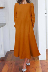 Meridress Solid Long Sleeve Cotton Linen A-line Dress