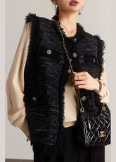 Französische schwarze Weste aus Baumwolle mit Quasten und Knöpfen, Patchwork, ärmellos