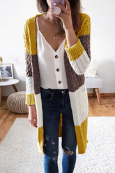 Casual Color Lump Pocket Contrast V Neck Tops Sweater