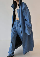 French Blue Oversized Beidseitig tragbarer Denim-Trenchcoat für den Herbst