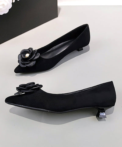Black Suede Floral Splicing Kitten Shoes Pointed Toe Black Suede Floral Splicing Kitten Shoes Pointed Toe