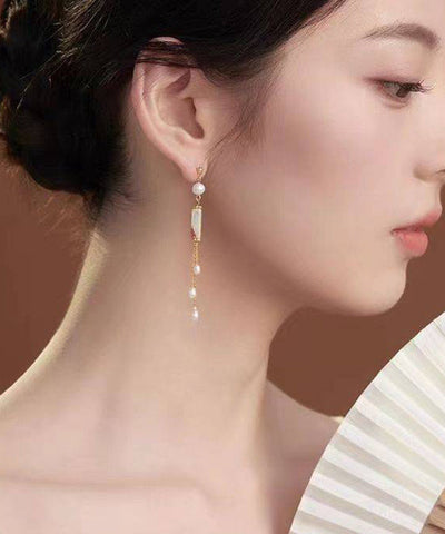 Pendientes de borla de perla dorada de plata esterlina blanca regular  Pendientes de borla de perla dorada de plata esterlina blanca regular