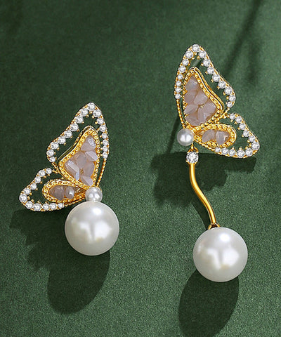 New Gold Sterling Silver Overgild Zircon Pearl Asymmetrical Butterfly Tassel Drop Earrings New Gold Sterling Silver Overgild Zircon Pearl Asymmetrical Butterfly Tassel Drop Earrings