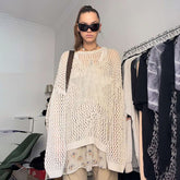 TARUXY Hollow Out Oversized Sweater Women 2024 New Solid Star Solid See Through Knitted Pullover Womens Knitwear Cover-up Ladies