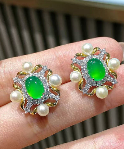 Pendientes de plata de ley verde con circón dorado y perla de jade  Pendientes de plata de ley verde con circón dorado y perla de jade