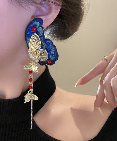Pendientes colgantes con borlas y bordado de mariposas de tela de circonita de aleación de plata esterlina azul retro  Pendientes colgantes con borlas y bordado de mariposas de tela de circonita de aleación de plata esterlina azul retro