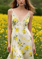 Stilvolles gelbes Blumen-Patchwork-Spitzen-Chiffon-Camisole-Kleid für den Sommer