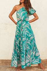 Lässige Urlaub Blumen Frenulum Rückenfrei Schrägkragen A-Linie Kleider