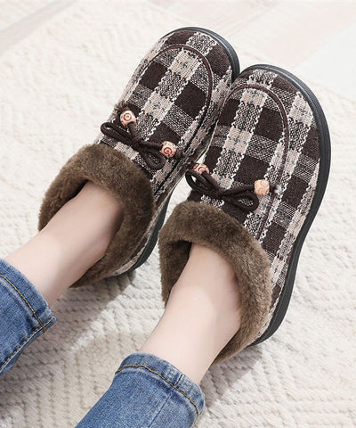 New Black Plaid Women Splicing Flats Fuzzy Wool Lined New Black Plaid Women Splicing Flats Fuzzy Wool Lined