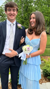 Chic Light Blue Chiffon Prom Dresses Pearl Beaded Evening Gown