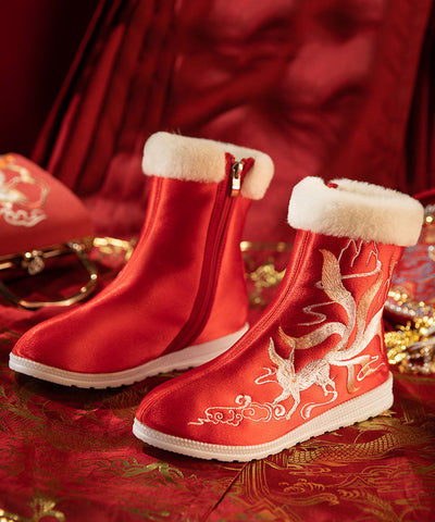 Boho Red Satin Embroidery Splicing Boots Fuzzy Wool Lined Boho Red Satin Embroidery Splicing Boots Fuzzy Wool Lined