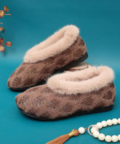 Zapatos planos cómodos de tela de algodón morado con empalme y forro de lana afelpada  Zapatos planos cómodos de tela de algodón morado con empalme y forro de lana afelpada