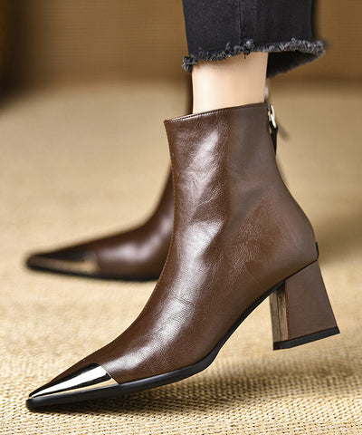 Boutique Black Cowhide Leather Splicing Chunky Boots Pointed Toe Boutique Black Cowhide Leather Splicing Chunky Boots Pointed Toe