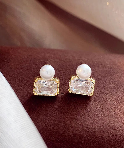 Pendientes de botón de perla dorada de plata esterlina de moda  Pendientes de botón de perla dorada de plata esterlina de moda