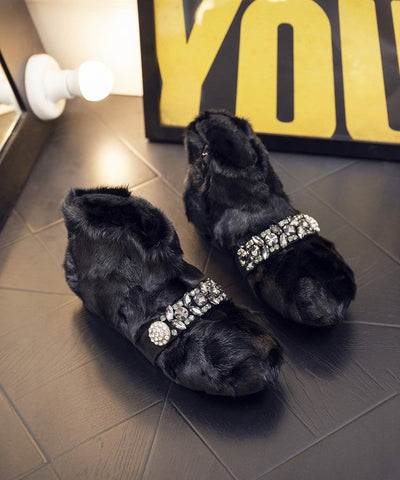 Botines ajustados de pelo de visón caqui negro con circón  Botines ajustados de pelo de visón caqui negro con circón
