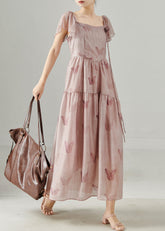 Vestido de fiesta de verano de algodón con estampado floral tridimensional en rosa