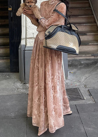 French Turtleneck Print Flattering Silk Velvet Long Dresses Fall French Turtleneck Print Flattering Silk Velvet Long Dresses Fall