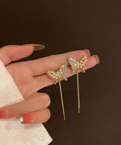 Modern Gold Sterling Silver Overgild Zircon Butterfly Tassel Drop Earrings Modern Gold Sterling Silver Overgild Zircon Butterfly Tassel Drop Earrings