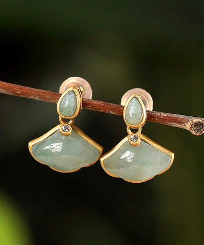 Original Design Cyan Sterling Silver Overgild Zircon Jade Ginkgo Leaf Stud Earrings Original Design Cyan Sterling Silver Overgild Zircon Jade Ginkgo Leaf Stud Earrings