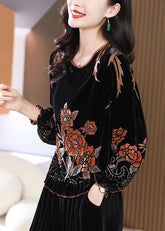 Blusa de terciopelo de seda con estampado de volantes y cuello redondo negra para mujer, manga larga