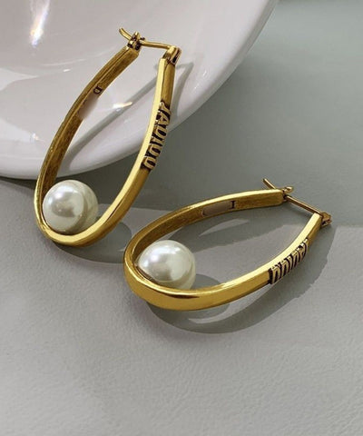 Oversize Gold Copper Overgild Elliptical Pearl Letter Hoop Earrings Oversize Gold Copper Overgild Elliptical Pearl Letter Hoop Earrings