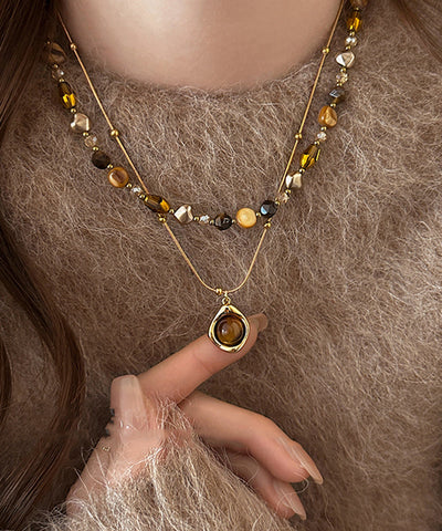 Mode Gold Kupfer Overgild Tiger Eye Stein Perlen Anhänger Halskette Zwei Stück Set  Mode Gold Kupfer Overgild Tiger Eye Stein Perlen Anhänger Halskette Zwei Stück Set