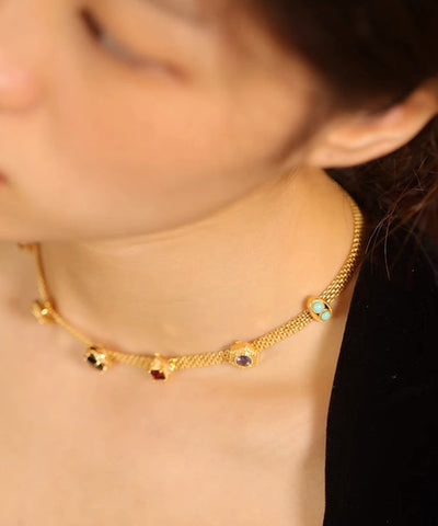Collar de princesa con gemas turquesas y circonitas de aleación de arcoíris a la moda  Collar de princesa con gemas turquesas y circonitas de aleación de arcoíris a la moda