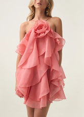 Orangefarbenes, geblümtes, ärmelloses Spaghettiträgerkleid aus Baumwolle mit kalter Schulter