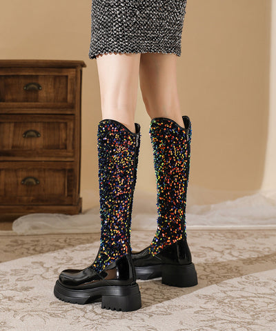 Black Chunky Faux Leather Stylish Splicing Sequins Boots Black Chunky Faux Leather Stylish Splicing Sequins Boots