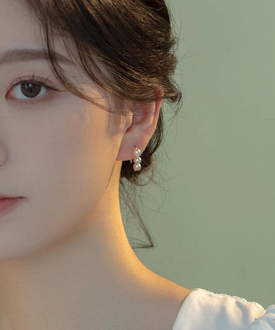 Pendientes de aro con perlas doradas de plata de ley de moda  Pendientes de aro con perlas doradas de plata de ley de moda