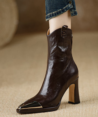 Brown Boots Chunky Heel Sheepskin Classy Splicing Sequined Brown Boots Chunky Heel Sheepskin Classy Splicing Sequined
