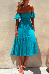 Meridress – Bedrucktes, schulterfreies, gesmoktes Swing-Kleid mit hoher Taille und Rüschen
