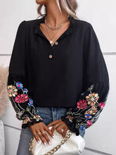 Loose Puff Sleeves Flower-Embellished Elasticity Pleated Split-Joint V-Neck Blouses&Shirts Tops