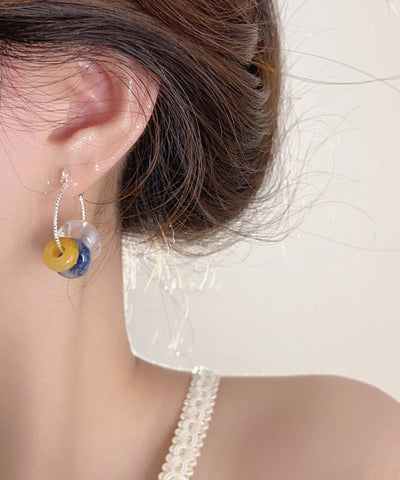Handmade Colorblock Copper Alloy Gem Stone Beading Hoop Earrings Handmade Colorblock Copper Alloy Gem Stone Beading Hoop Earrings