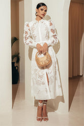 Vestido midi de encaje liso con mangas abullonadas y cinturón