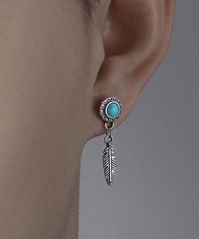 Men Blue Sterling Silver Turquoise Feather Stud Earrings Men Blue Sterling Silver Turquoise Feather Stud Earrings