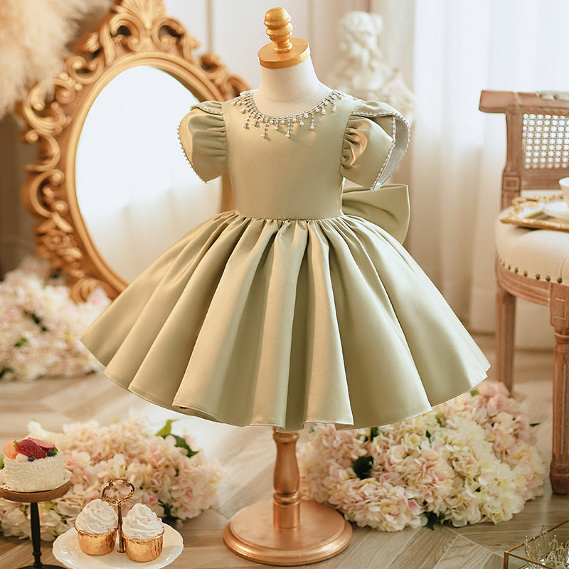 Elegant Baby Girl White Satin Flower Girl Dress Toddler First Birthday Dress