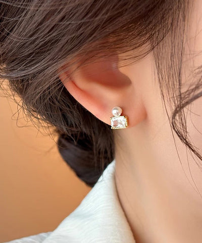 Pendientes de botón de perla dorada de plata esterlina de moda  Pendientes de botón de perla dorada de plata esterlina de moda