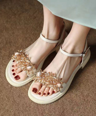 Boutique Beige Cowhide Leather CrystalSplicing Sandals Peep Toe Boutique Beige Cowhide Leather CrystalSplicing Sandals Peep Toe