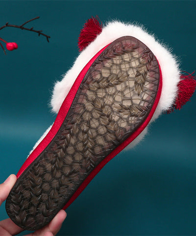 Zapatos planos vintage con borlas y cuentas de clavos forrados de lana afelpada roja  Zapatos planos vintage con borlas y cuentas de clavos forrados de lana afelpada roja