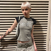 Street Personalized Dark Retro Printed Contrast Color Raglan Sleeve Slim Fit Figure Flattering round-Neck Short Sleeve T-shirt