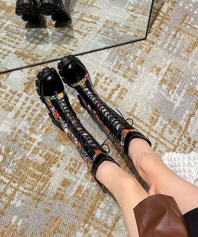 Black Embossed Splicing Chic Platform Boots Lace Up Black Embossed Splicing Chic Platform Boots Lace Up