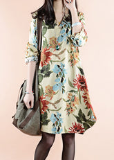 Vintage Apricot V-Ausschnitt Floral Patchwork Leinenkleid Frühling