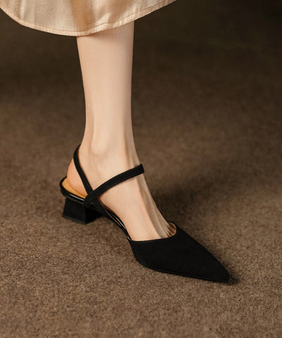 Chic Beige Splicing Cowhide Leather Chunky Sandals Pointed Toe Chic Beige Splicing Cowhide Leather Chunky Sandals Pointed Toe