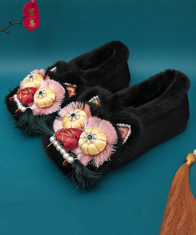 Zapatos planos con cuentas y clavos retro rosas forrados de lana afelpada  Zapatos planos con cuentas y clavos retro rosas forrados de lana afelpada