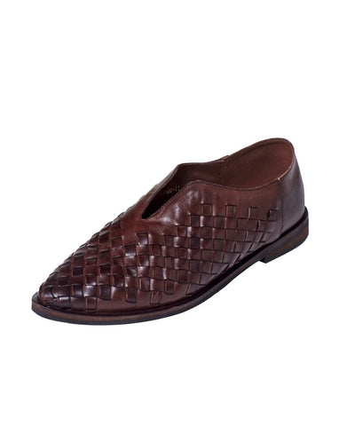 Zapatos planos color café con punta puntiaguda de piel de vacuno estilo retro  Zapatos planos color café con punta puntiaguda de piel de vacuno estilo retro